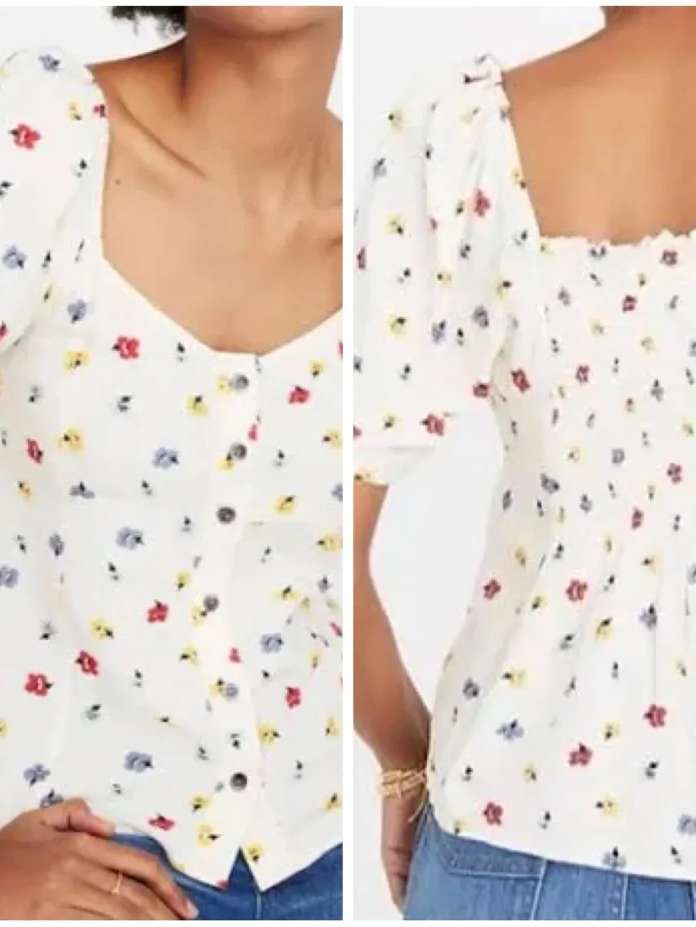 Madewell White Yellow Red Floral Scoop-Neck Button Front Top